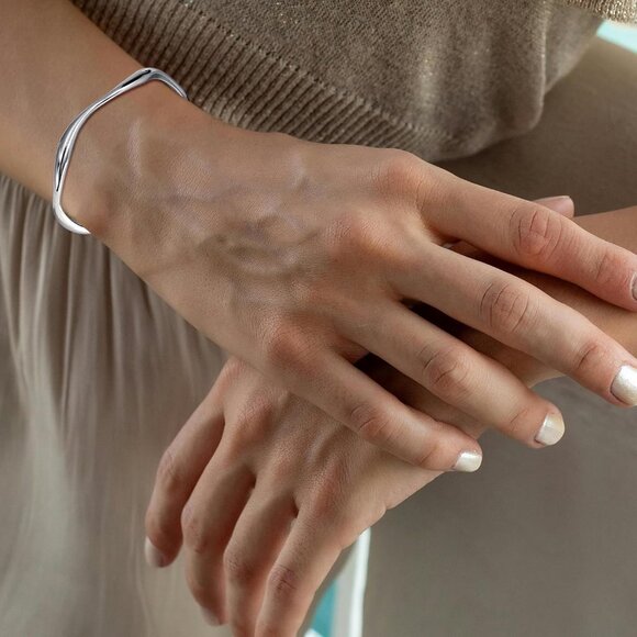 Sterling Silver Wavy Cuff Bracelet Adjustable Thin Bangle for Women - Picture 3 of 6